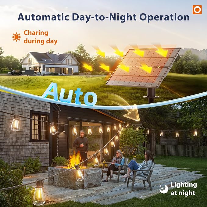 addlon 102FT(96+6) Solar String Lights Outdoor with Remote, 48 LED Dimmable Waterproof Patio Hanging Lights (2FT Bulb Spacing), Long-Lasting Solar Light for Outside, Yard, Backyard, Garden, Camping