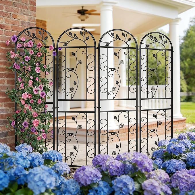 4-Pack 87" x 20" Bird and Daisy Arch Black Metal Garden Trellises | Set of 4 rust-resistant trellises with bird, daisy, leaf, and scrollwork details, spikes, and support for roses or vines