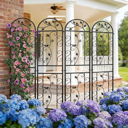 4-Pack 87" x 20" Bird and Daisy Arch Black Metal Garden Trellises | Set of 4 rust-resistant trellises with bird, daisy, leaf, and scrollwork details, spikes, and support for roses or vines