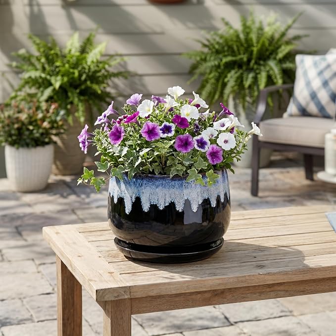 Ceramic Plant Pots - 9 Inch Flower Pots for Indoor Plants, Decorative Pots for Plants with Drainage and Saucer, Large Planter, House Office Decor, Gardening Gifts for Women, Black-Blue