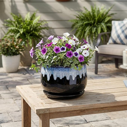 Ceramic Plant Pots - 9 Inch Flower Pots for Indoor Plants, Decorative Pots for Plants with Drainage and Saucer, Large Planter, House Office Decor, Gardening Gifts for Women, Black-Blue