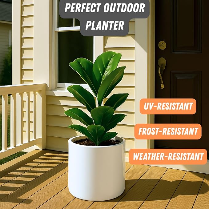 Fox & Fern Large Indoor Planter, Modern Large Plant Pot for Indoor or Outdoor, UV and Frost Resistant - 10 Inch, Glossy White Flower Pot with Drainage Plug, Lightweight