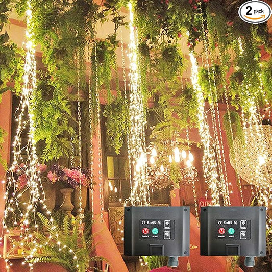 SHUKAN 2 Pack 220 LED Firefly Bunch Lights, 8 Flashing Modes Waterproof Copper Wire Waterfall Lights, Fairy Lights for Indoor Outdoor Decor (Solar Warm White)