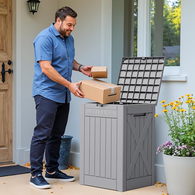Greesum 48 Gallon Outdoor Package Delivery Box with Lock, Waterproof Secure Parcel Drop Box for Porch, Double-Wall Resin Storage, Gray