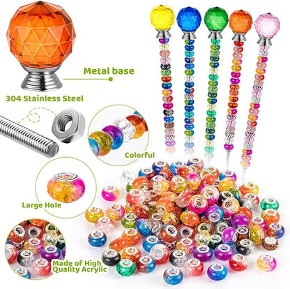 230 Pcs Beaded Garden Stakes DIY Fairy Wand Kit | 200 Colorful Assortment Round Large Hole Beads, 10 Round Stopper Top, 10 Threaded Rod & 10 Nuts, Outdoor Decoration