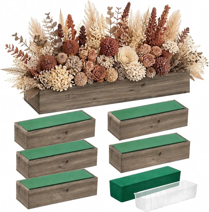 Dandat 6 Set Wood Boxes for Centerpieces 12x4 Inch Rectangle Wooden Planter Box Rustic Wooden Planters with Removable Plastic Liner Floral Foam Blocks for Christmas Wedding Home Garden Decor(Brown)