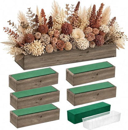 Dandat 6 Set Wood Boxes for Centerpieces 12x4 Inch Rectangle Wooden Planter Box Rustic Wooden Planters with Removable Plastic Liner Floral Foam Blocks for Christmas Wedding Home Garden Decor(Brown)