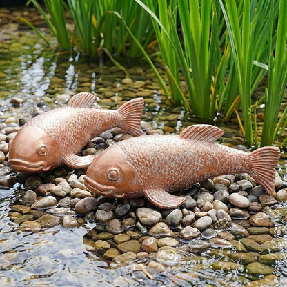 Koi Pond Decor - 2PCs Large Ceramic Bronze Antique Koi Fish Statue, Resin Real Fish Sculpture, Elegant Garden Art & Outdoor Statues for Patio
