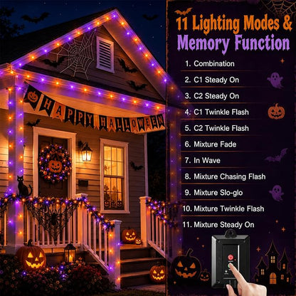4Pack Solar Halloween String Lights Outdoor, 132ft 400LEDs Purple & Orange String Light with 11 Modes, Waterproof Patriotic Solar Lights for Garden Yard Pathway Fence Party Memorial Day
