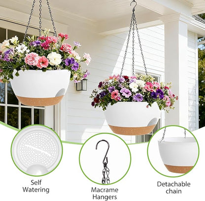 8 Inch Hanging Planters for Indoor Outdoor Plants, 4 Pack White Brown Plastic Self Watering Hanging Baskets with Drainage Holes and Chain for Garden Porch