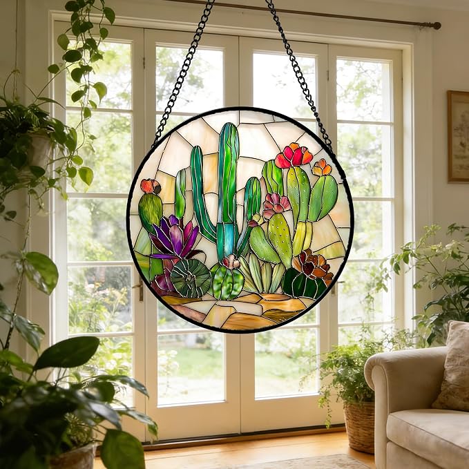 DASTOLL Stained Glass Window Hanging, White Green Cactus Suncatcher Diamond Glass Panel Hangings Sun Catchers Decor for Birthday for Women, Men, Wife, Aunt, and Mom 9.8 in