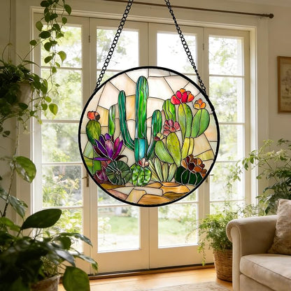 DASTOLL Stained Glass Window Hanging, White Green Cactus Suncatcher Diamond Glass Panel Hangings Sun Catchers Decor for Birthday for Women, Men, Wife, Aunt, and Mom 11.8x11.8 in