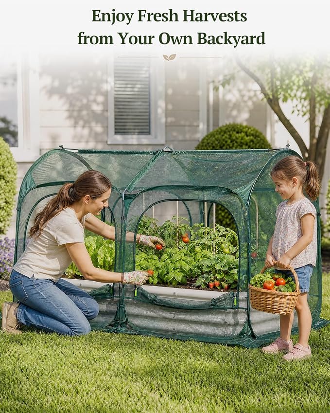 PORAYHUT All-in-One Raised Garden Bed and Crop Cage Net Kit, Metal Outdoor Planter Box with Protective Mesh Greenhouse Cover for Backyard Vegetables, Herbs, Flowers (6.56 * 3.3FT Raised Bed &Net)
