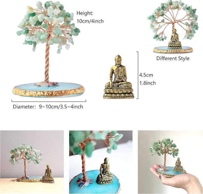 Buddha Statue with Healing Crystal Tree, Tree of Life for Positive Energy. Home Decor Yoga Meditation. Green.(B)
