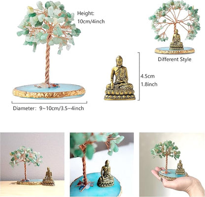 Buddha Statue with Healing Crystal Tree, Tree of Life for Positive Energy. Home Decor Yoga Meditation. Green.(B)