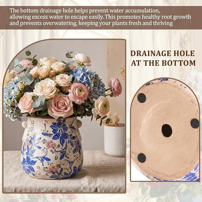 Ceramic Scroll Planter 6.5 Inch Chinoiserie Floral Vase with Drainage Holes Vintage Flower Vase Flower Pot Rustic Ceramic Pots for Indoor Plants Garden Home Bookshelf Decor(Blue, Red)