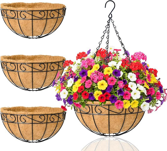 Hanging Planters for Outdoor Plants 4 Pack 12 inch Metal Hanging Flower Basket with Coco Coir Liner Wire Plant Holder Watering Flower Baskets Pot Hanger Garden Decoration for Indoor Outdoor(HBL)