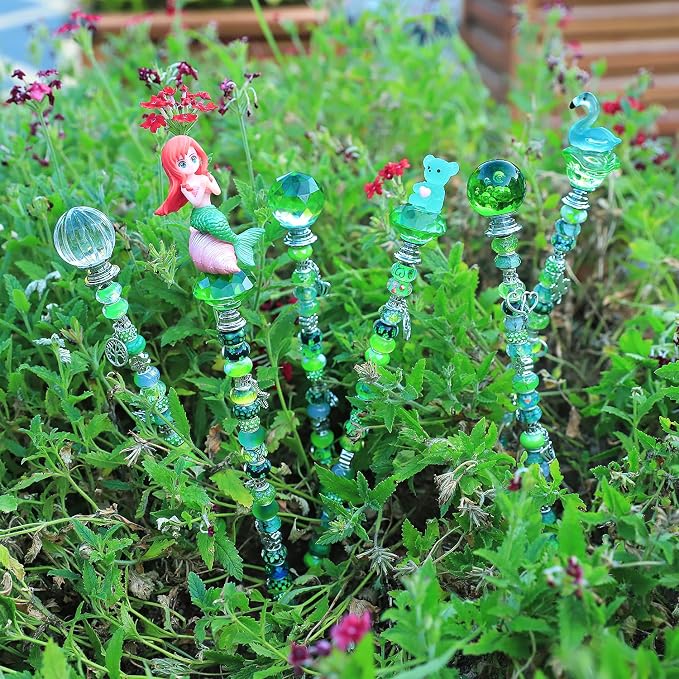 AIPRIDY DIY Crystal Beaded Fairy Wand Garden Stakes Kit, Colorful Decorative Wands with Assembly Guide, 12 or 10 Inch Threaded Rods,Outdoor Garden Decoration Set (158, Peridot+Hybrid Top)