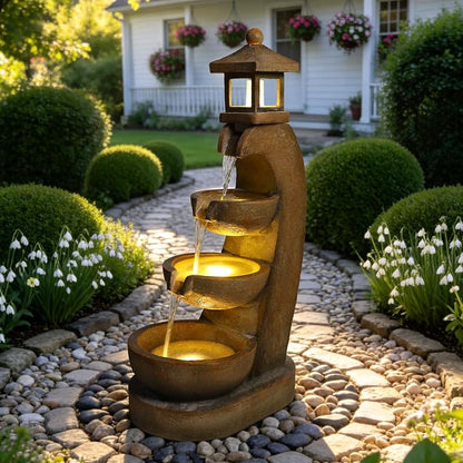 35.4" Outdoor Water Fountain, 3 Tier Bowl Cascading Freestanding Water Fountain, Outdoor Fountain with LED Lights, Lantern Style Garden Water Feature, Suitable for Patio Yard Porch, Brown