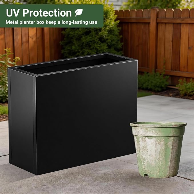 Metal Planter Box 30” x 12” x 24” for Porch, Garden, Patio, Yard | Heavy Duty Rectangle Planter Box with with Drainage Holes & Rust-Proof Coating, Modern Outdoor/Indoor Black Planter Box