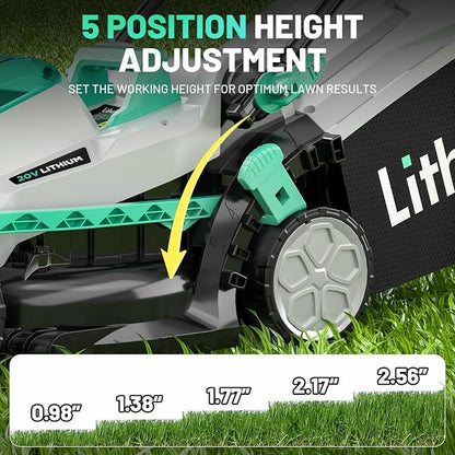 Litheli Cordless 13 Inch Cordless Lawn Mower 5 Heights 20V Electric Push Brushless Lawnmower for Garden, Yard, 4.0Ah Battery & Charger Included