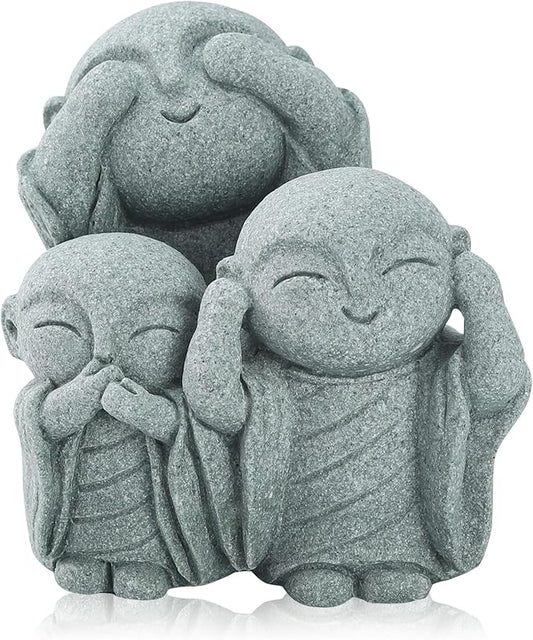 Mini Zen Monk Praying Statue Small Buddha Jizo Figurine Sandstone Feng Shui Sculpture Ornament for Fish Tank Decor Home Garden Good Luck Decoration - No Evil
