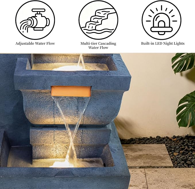 Large Outdoor Fountains, 4-Tier Garden Fountain with LED Lights, Cascading Waterfall Floor Standing Water Feature for Patio Yard Backyard