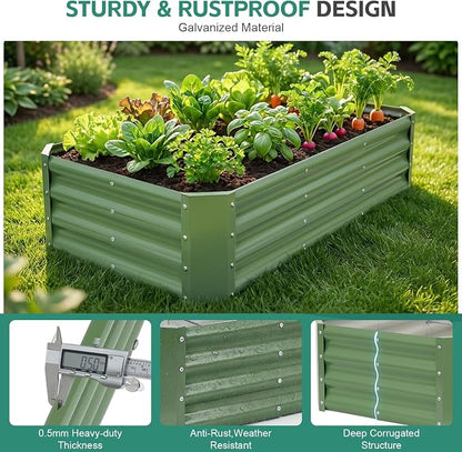 Galvanized Raised Garden Bed - 4x2x1ft (2Packs) Metal Garden Planter Box Outdoor | Steel Raised Bed Kit with Bracing Rods, Gloves for Gardening Vegetables Fruits and Flowers (Olive Green)