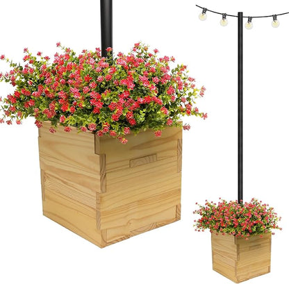 Large Decorative Wooden Planter with Universal Pole Support for String Light Poles, Umbrellas, Bird Feeders. Solid Wood Outdoor Garden Patio Box For Plants or Flowers, 14"x14"x14", Natural