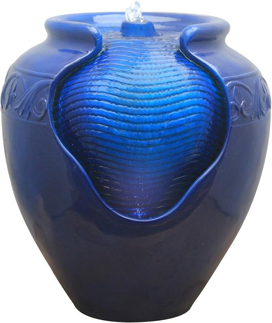Teamson Home 16.96 in. Outdoor Glazed Pot Water Fountain with LED Lights, Built-in Pump to Create a Calming Oasis in Gardens, Landscaping, Patios, Balconies, Lawns, Royal Blue | Glazed Pot Ceramic Look, LED Lights & Pump, Cascading Zen Fountain, For Ba...