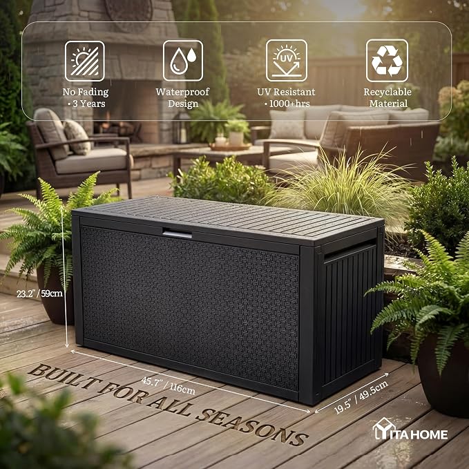 YITAHOME 95 Gallon Outdoor Storage Deck Box | Waterproof Resin Deck Box w/Handles, Lockable Outdside Deck Box for Patio Furniture, Garden Tools, Lockable & UV