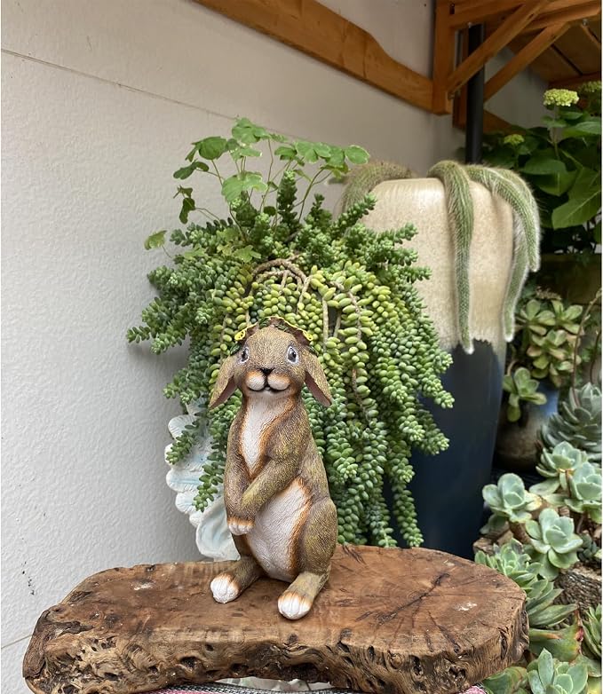 Lonyin Bunny Indoor/Outdoor Garden Statue Rabbit Figurines Yard Statues | Weatherproof Flower Bunny for Yard Patio Lawn Easter Decor Birthday Housewarming Gifts for Mom Women Garden Lovers,Resin 7In