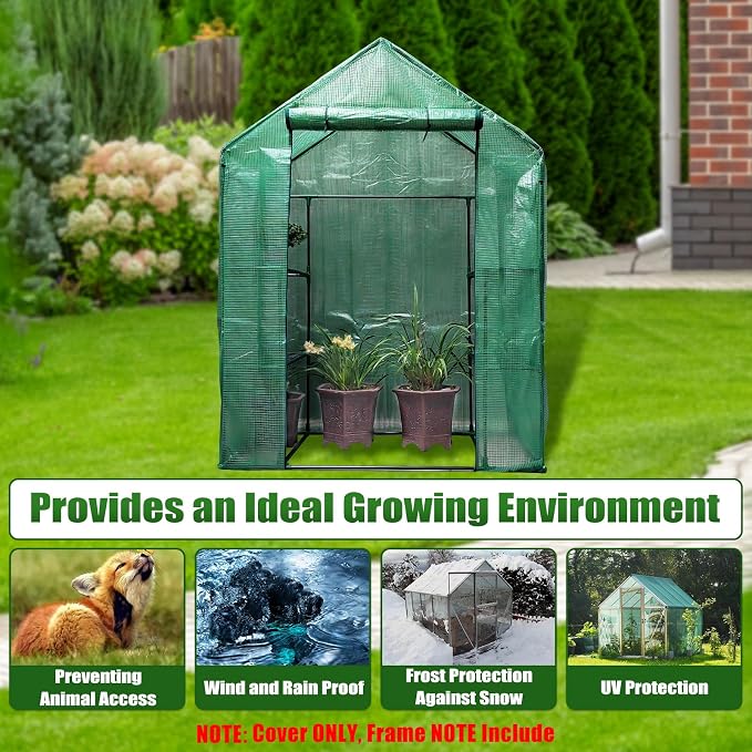 Walk-in Greenhouse Replacement Cover with Roll-Up Zipper Door, 56×56×76 inch PE Greenhouse Cover Protect Outdoor Gardening Plants from Cold Frost，Waterproof and UV Resistant(Frame Not Include)