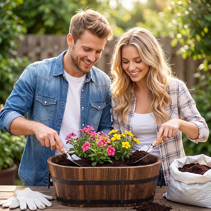 Canlierr 13.1 Inch Wooden Whiskey Barrel Planter Outdoor Large Rustic Flower Planter Pot with Handles and Drainage Holes Garden Balcony Plants for Garden Patio Yard Porch Brown