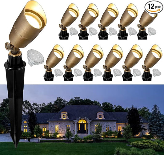 GKOLED Solid Brass Low Voltage Compact Spotlight, 12V AC/DC Waterproof Outdoor Landscape Spot Lights for House Trees Garden Yard Lawn, Up Light with 5W 2700K MR16 Bulb, Stake Included, 12 Pack
