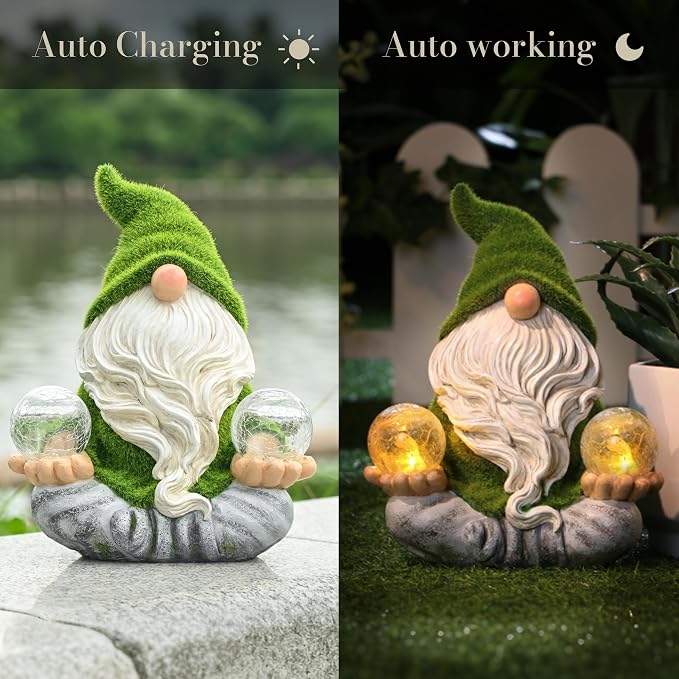 TERESA'S COLLECTIONS Garden Gnomes Decor with Solar Lights, St Patricks Decorations for Outdoor Decor,Resin Flocked Zen Garden Decor Outdoor for Porch Patio, Yoga Gnome Gifts for Women and Men, 6"