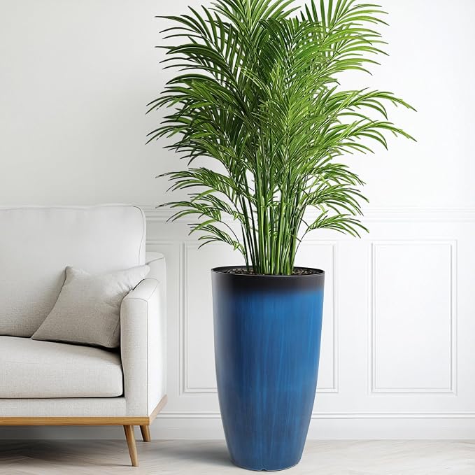 Autodaya 23.8" Tall Planters Set of 2, Large Plastic Plant Pots with Artistic Floating Cobalt Blue Glaze, UV-Resistant Lightweight PP Flower Pots for Outdoor Indoor Plants, Garden, Patio, Deck, Porch | Artistic Floating Cobalt Blue Glaze, Lightweight U...
