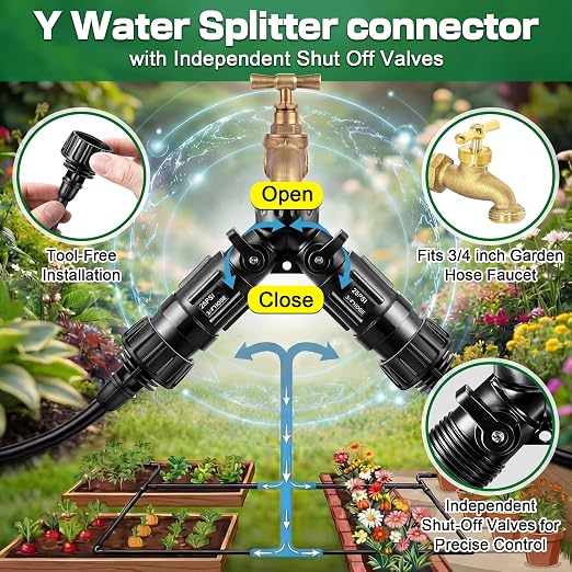 12 Pcs Drip Irrigation Kit, Included 2 Way Y Water Splitter Connector, 4 Pcs 25 PSI Garden Hose Pressure Regulator and 4 Pc 1/4 Inch Irrigation Tubing Hose Adapter for Drip Irrigate System