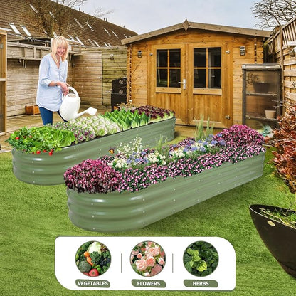 Galvanized Raised Garden Bed - 8x2x1FT Metal Planter Boxes Outdoor | Oval Steel Raised Bed Kit for Gardening with Protective Tape, Bracing Rods, Gloves for Vegetables, Flower, Herb (Green)