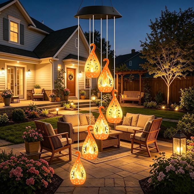 Toodour Solar Wind Chime, Flame Wind Chimes Karez, LED Decorative Mobile, Gifts for Mom Grandma, Waterproof Outdoor Decorative Lights for Garden, Patio, Yard, Window Decor（Warm White）