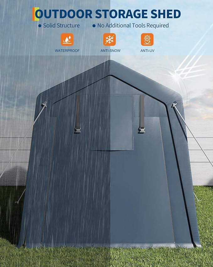 7 x 10 Ft Carport Portable Storage Shed Outdoor Tarp Sheds with Roll-Up Door, Bike Shed ATV Storage Tent for Motorcycle, Car, Garden Tools Grey