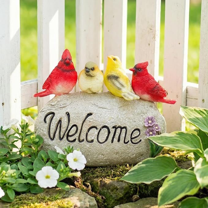 Solar Garden Statues Outdoor Decor, Welcome Sign Garden Sculptures Statue Novelty Birds Figurine Decoration for Patio Yard Porch Art Home Decor or Gifts for Mom Grandma