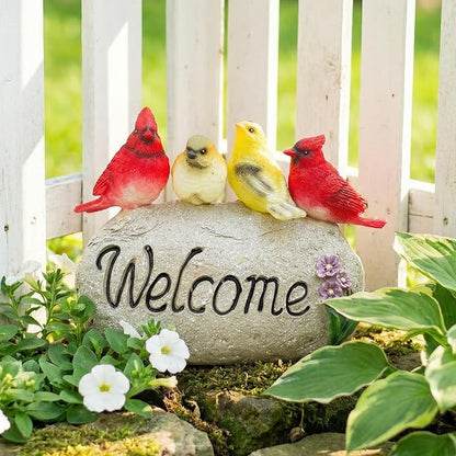 Solar Garden Statues Outdoor Decor, Welcome Sign Garden Sculptures Statue Novelty Birds Figurine Decoration for Patio Yard Porch Art Home Decor or Gifts for Mom Grandma