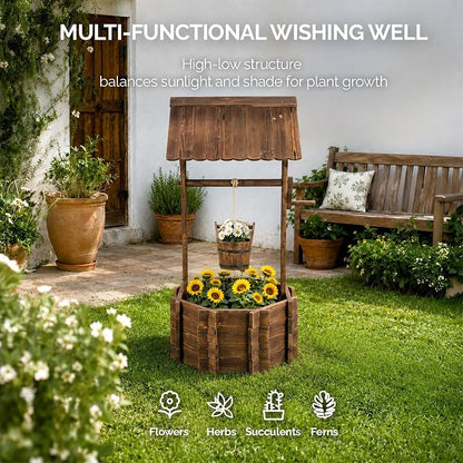 VINGLI Wooden Wishing Well Outdoor Planters, Well Covers for Yard with 4 Reinforced Rods, Height Adjustable Hanging Bucket, Rustic Flower Pot Decor for Outside Patio Garden(Carbonized, 25" Width)