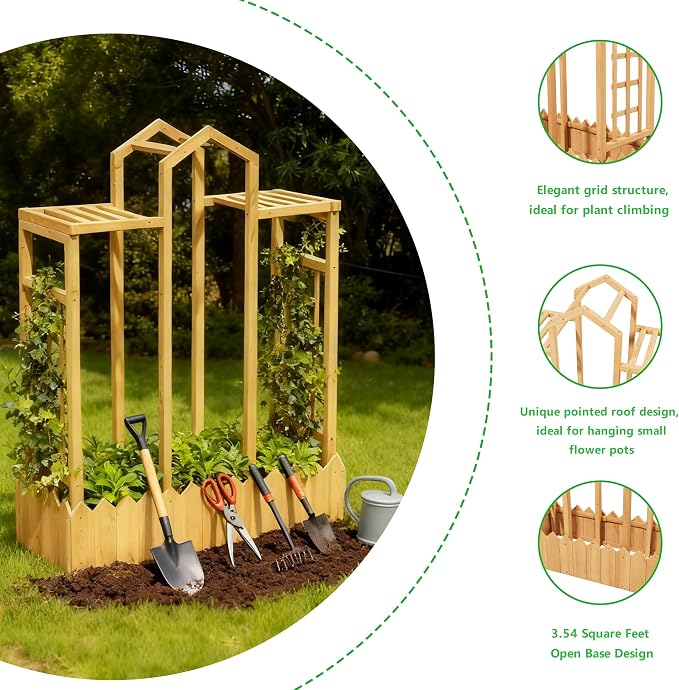 Raised Garden Bed with Arch Trellis, Wood Planter Box with Hanging Roof & Side Trellis, Above Ground Elevated Garden Bed for Outdoor Climbing Plants, Vines, Patio, Balcony