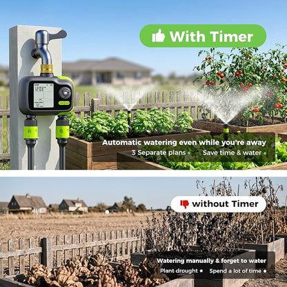 Sprinkler Timer, Brass Inlet Programmable Watering Timer for Garden Hose Fits 3/4” US Faucet, Outdoor Auto& Manual Hose Timer w/Rain Delay& Lock, Dirp Irrigation for Lawn, Yard, 2 Outlets