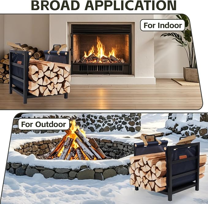 Firewood Rack Indoor Outdoor with Firewood Carrier, Fireplace Wood Log Holder Heavy Duty Metal, Indooor Firewood Holder for Fireplace Wood Storage, 16 inch, Navy