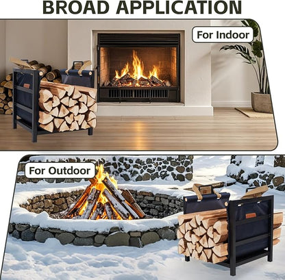 Firewood Rack Indoor Outdoor with Firewood Carrier, Fireplace Wood Log Holder Heavy Duty Metal, Indooor Firewood Holder for Fireplace Wood Storage, 16 inch, Navy