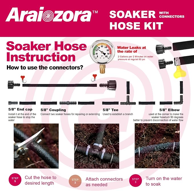 Soaker Hose 100FT 1/2 Inch Premium Kit with Solid Brass Connectors & Stakes, for Deep Root Watering in Flower Beds & Landscaping