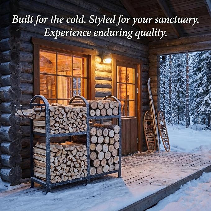 Firewood Rack Indoor Outdoor With Hooks, 31inch Firewood Rack, 2-Tier log holders for firewood outdoor, Fireplace Wood holder Indoor, Adjustable Small Fire Wood Storage